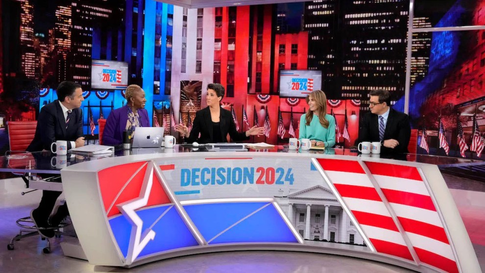 Ari Melber, Joy Reid, Rachel Maddow, Nicolle Wallace and Chris Hayes on Election Night (Credit: MSNBC)